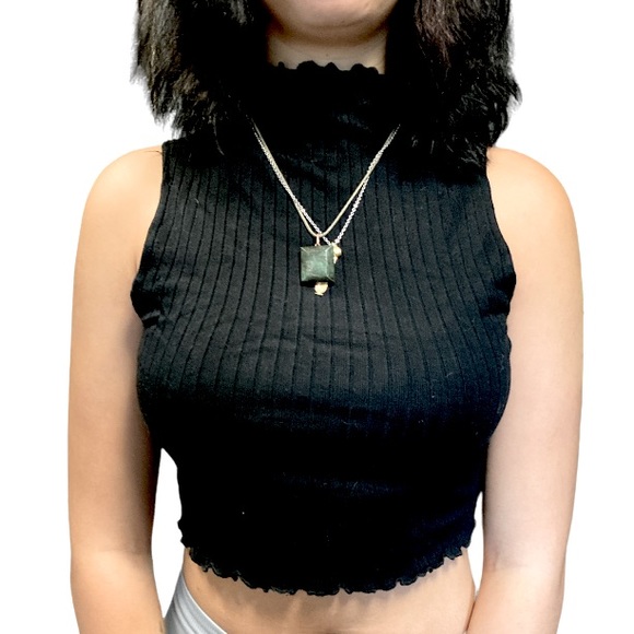 Velvet Cean Rib Poplin Mix Mock Neck Tank Top- Black